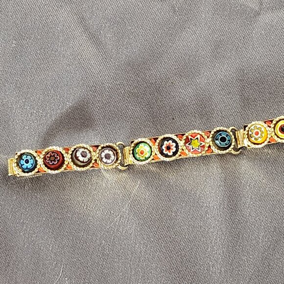 Unsigned Vintage Gold Tone Italian Micro Mosaic Five Link Hinged Floral Bracelet - Picture 3 of 16